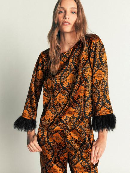 Boden Faux Feather Trim Floral Satin Top, Black/Multi, Black/Multi