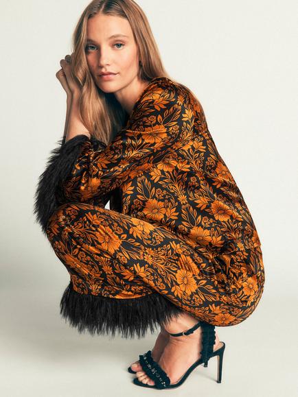 Boden Faux Feather Trim Floral Satin Top, Black/Multi - view 2, Black/Multi