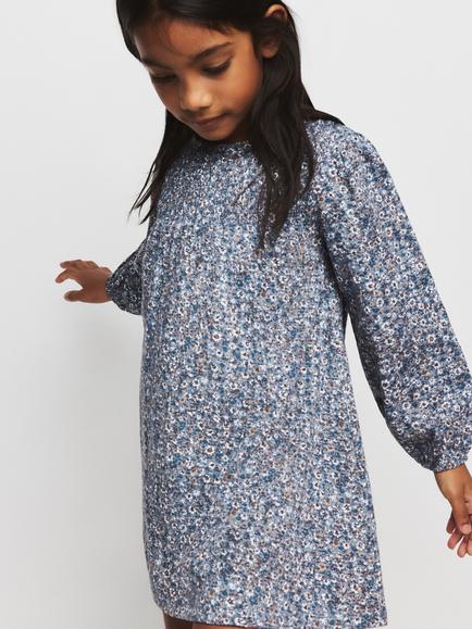 Mango Kids' Ruched Floral Dress, Blue - view 2, Blue