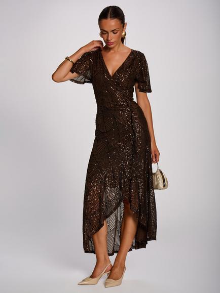Jolie Moi Angel Sleeve Sequin Maxi Dress, Chocolate Brown, Chocolate Brown