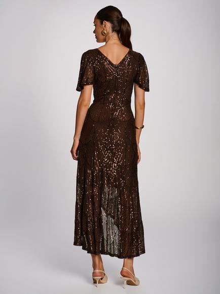 Jolie Moi Angel Sleeve Sequin Maxi Dress, Chocolate Brown - view 2, Chocolate Brown