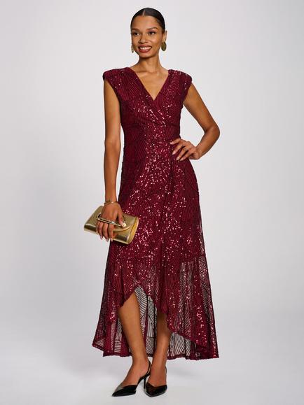 Jolie Moi Flare Hem Sequin Maxi Dress, Burgundy, Burgundy