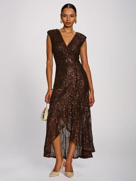 Jolie Moi Sequin Sleeveless V-Neck Flare Hem Maxi Dress, Chocolate Brown, Chocolate Brown