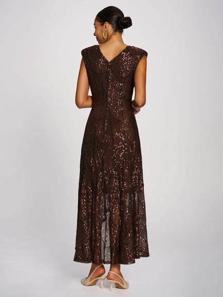 Jolie Moi Sequin Sleeveless V-Neck Flare Hem Maxi Dress, Chocolate Brown - view 2, Chocolate Brown