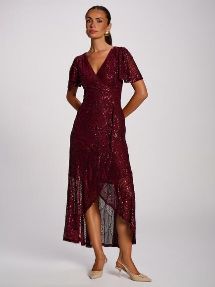 Jolie Moi Angel Sleeve Sequin Maxi Dress, Burgundy, Burgundy