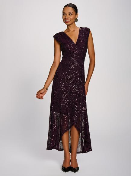 Jolie Moi V-Neck Sequin Maxi Dress, Deep Plum, Deep Plum