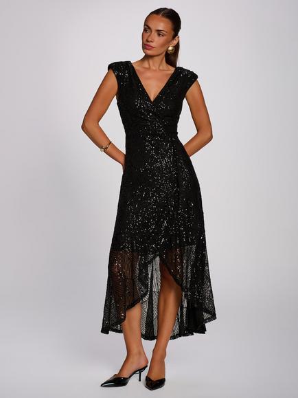 Jolie Moi V-Neck Sequin Maxi Dress, Black, Black