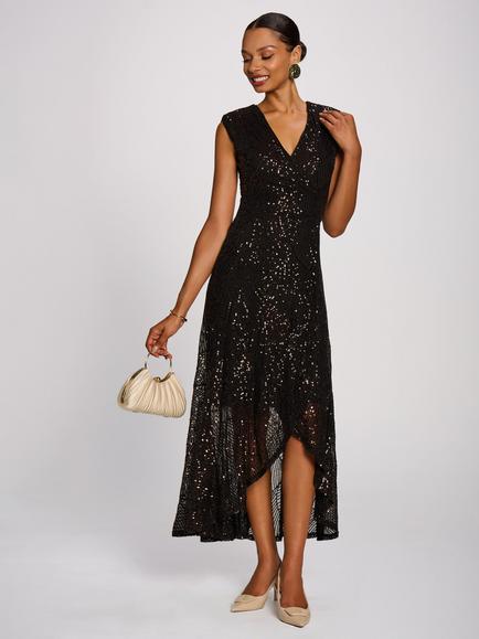 Jolie Moi V-Neck Sequin Maxi Dress, Espresso Brown