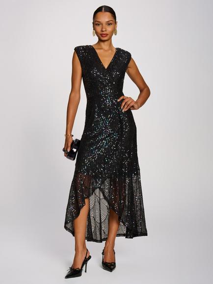 Jolie Moi V-Neck Sequin Maxi Dress, Black Multi