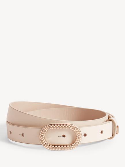 Hobbs Diane Faux Pearl Buckle Leather Belt, Beige, Beige