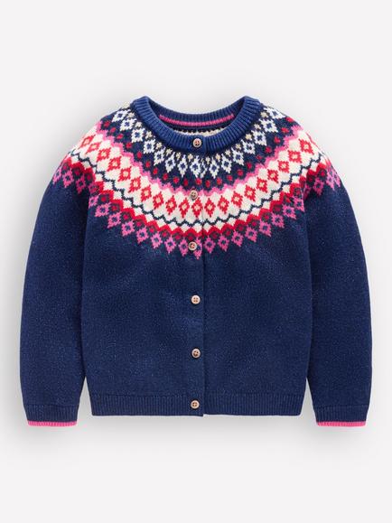 Mini Boden Kids' Edie Fair Isle Cardigan, Navy