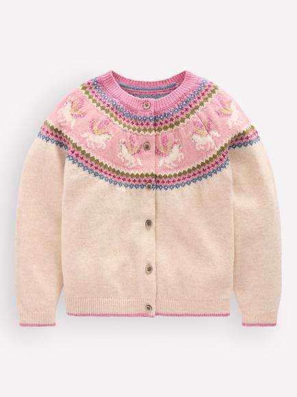 Mini Boden Kids' Edie Fair Isle Cardigan, Oatmeal