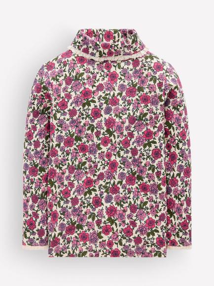 Mini Boden Kids' Floral Lace Trim Roll Neck Top, Pink/Multi, Pink/Multi
