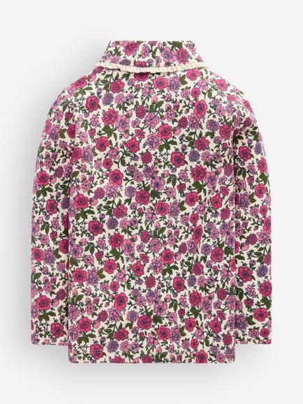 Mini Boden Kids' Floral Lace Trim Roll Neck Top, Pink/Multi - view 2, Pink/Multi