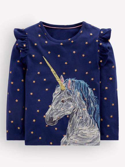 Mini Boden Kids' Long Sleeve Superstitch Unicorn T-Shirt, Blue/Multi, Blue/Multi