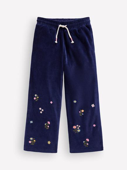 Mini Boden Kids' Embroidered Velour Wide Leg Joggers, Navy, Navy
