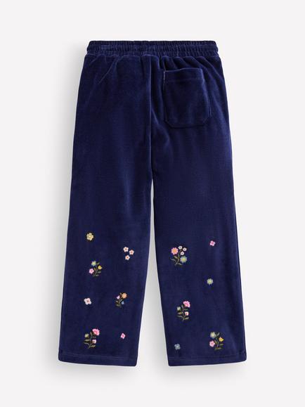 Mini Boden Kids' Embroidered Velour Wide Leg Joggers, Navy - view 2, Navy