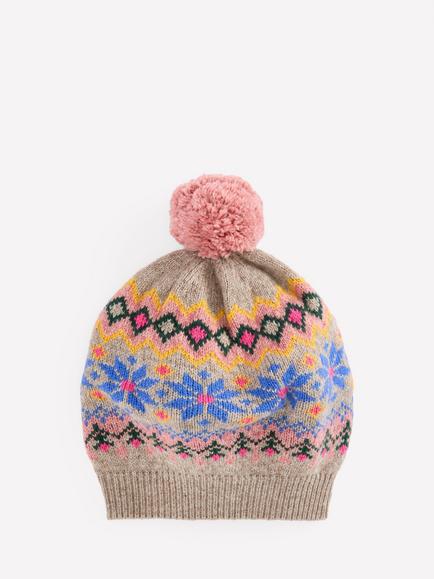 Mini Boden Kids' Fair Isle Bobble Beret, Mink Melange, Mink Melange