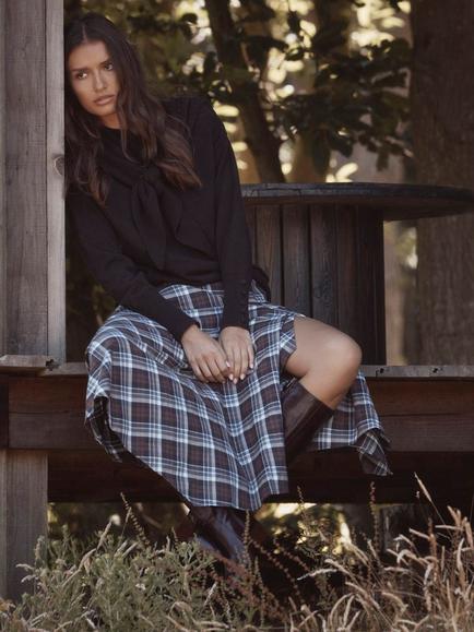 Mint Velvet Check Hanky Hem Midi Skirt, Brown/Multi - view 2, Brown/Multi