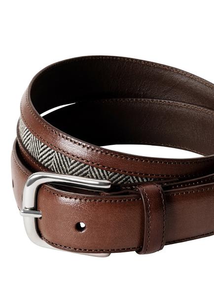 Hackett London Herringbone Tweed Leather Belt, Natural Beige - view 2, Natural Beige