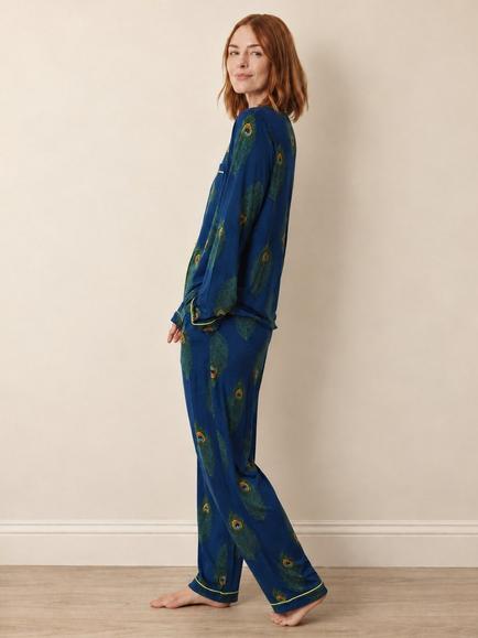 Their Nibs Peacock Print Jersey Pyjama Set, Navy/Multi - view 2, Navy/Multi