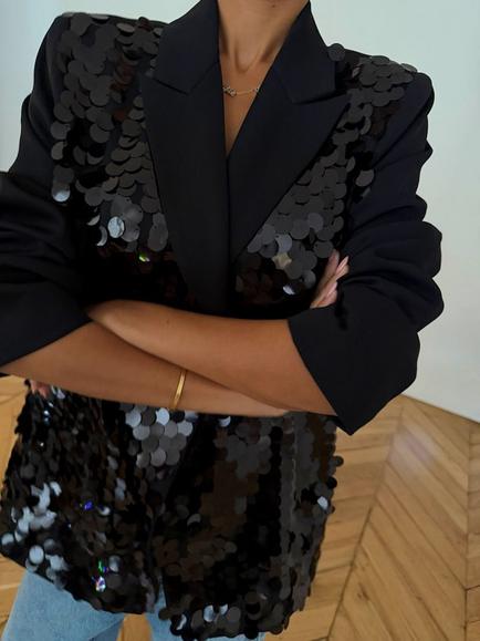 Never Fully Dressed Sequin Embellished Single Breasted Blazer, Black - view 2, Black