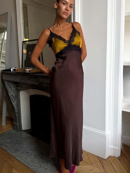 Never Fully Dressed Satin V-Neck Maxi Slip Dress, Olive/Chocolate, Olive/Chocolate