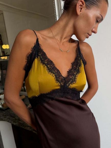 Never Fully Dressed Satin V-Neck Maxi Slip Dress, Olive/Chocolate - view 2, Olive/Chocolate