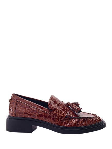 Moda in Pelle Erisse Patent Leather Croc Effect Ruched Toe Penny Loafers, Tan, Tan
