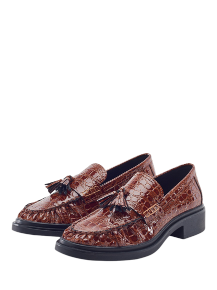 Moda in Pelle Erisse Patent Leather Croc Effect Ruched Toe Penny Loafers, Tan - view 2, Tan