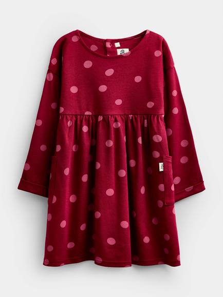 JoJo Maman Bébé Kids' Long Sleeve Spot Print Dress, Burgundy, Burgundy