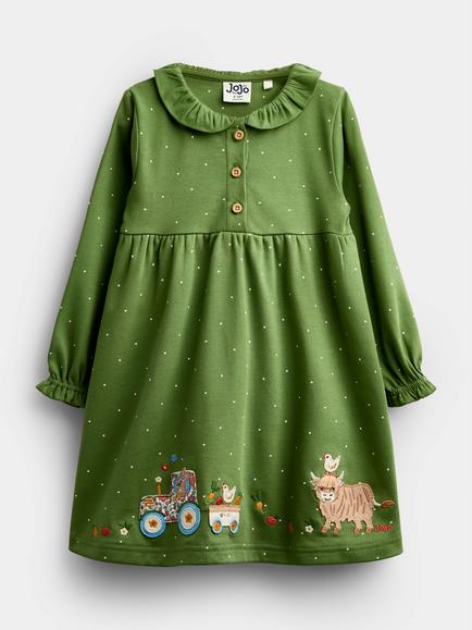 JoJo Maman Bébé Kids' Animal Market Appliqué Button Front Dress, Khaki Green, Khaki Green