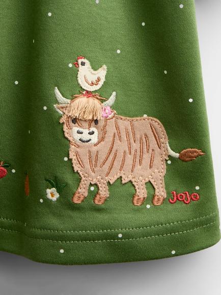 JoJo Maman Bébé Kids' Animal Market Appliqué Button Front Dress, Khaki Green - view 2, Khaki Green