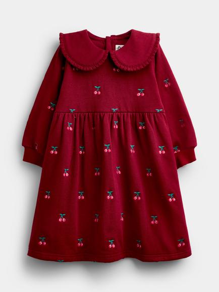 JoJo Maman Bébé Kids' Embroidered Cherry Peter Pan Dress, Berry Red, Berry Red