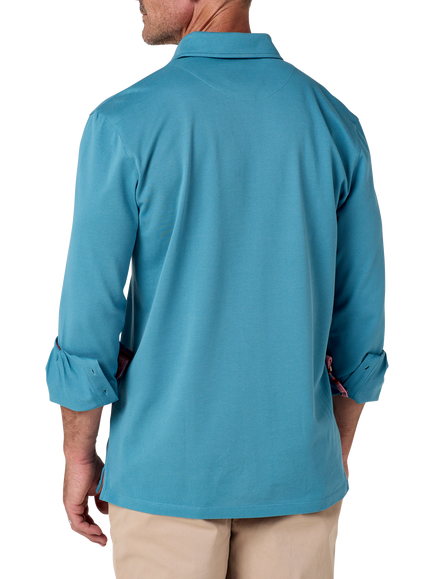 KOY Cotton Regular Fit Long Sleeve Polo Shirt, Petrol Blue - view 2, Petrol Blue