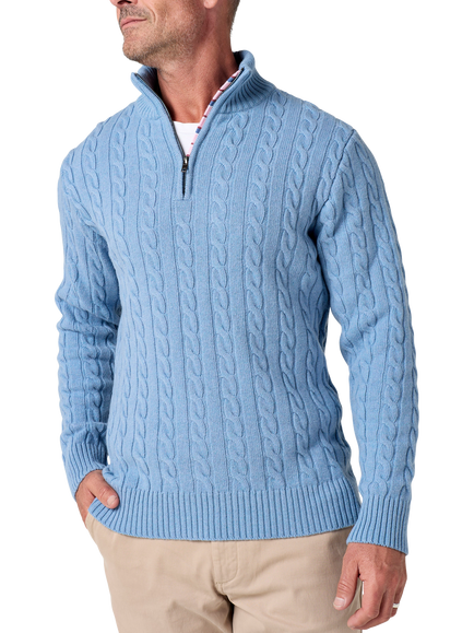 KOY Wool Rich Cable Knit Quarter-Zip Jumper, Powder Blue