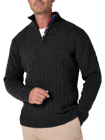 KOY Wool Rich Cable Knit Quarter-Zip Jumper, Charcoal