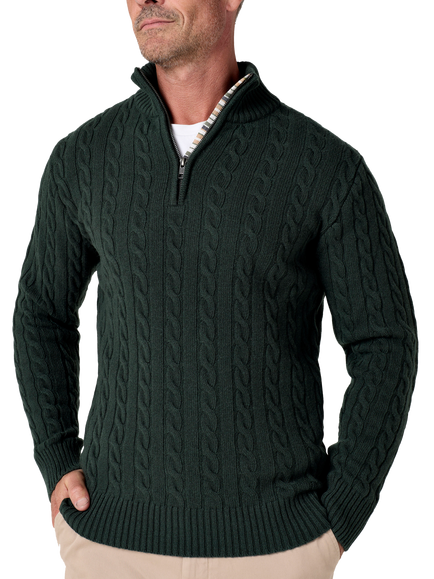 KOY Wool Rich Cable Knit Quarter-Zip Jumper, Pine Green