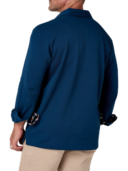 KOY Cotton Regular Fit Long Sleeve Piqué Polo Shirt, Navy - view 2, Navy