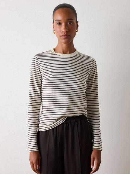 Whistles Stripe Crew Neck Pocket Top, Brown/Multi, Brown/Multi