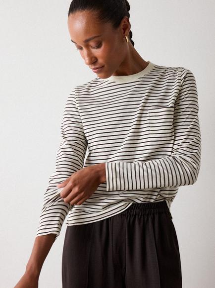 Whistles Stripe Crew Neck Pocket Top, Brown/Multi - view 2, Brown/Multi