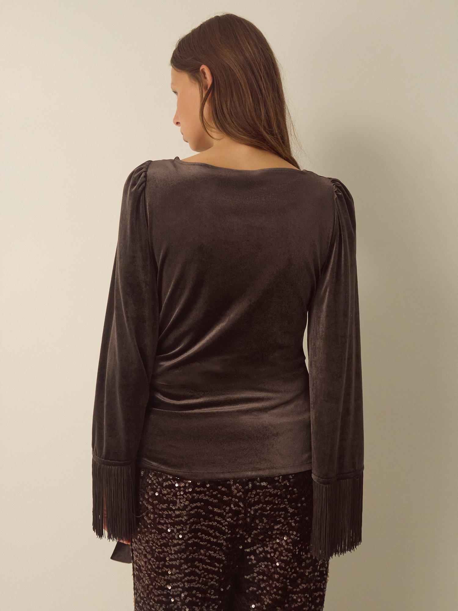 Monsoon Tamara Velvet Fringe Top, Chocolate