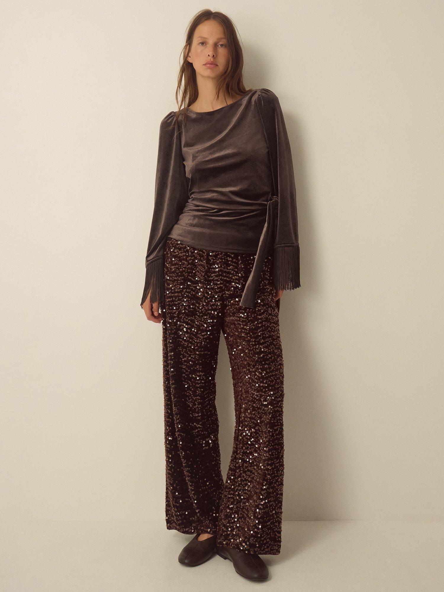 Monsoon Tamara Velvet Fringe Top, Chocolate