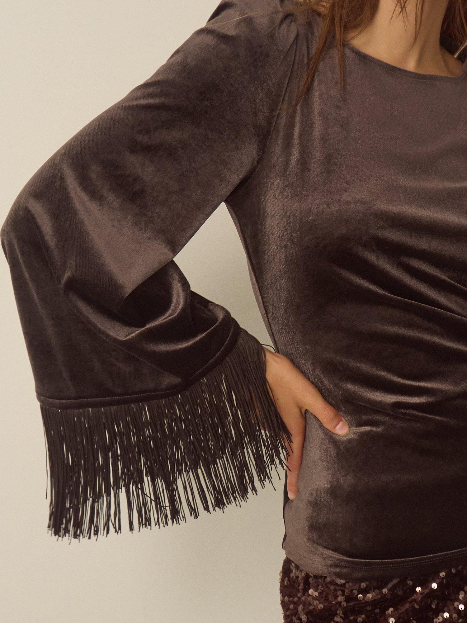 Monsoon Tamara Velvet Fringe Top, Chocolate