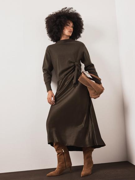 Mint Velvet 2-in-1 Jumper & Midi Dress, Green Khaki, Green Khaki