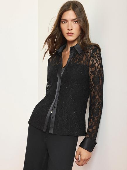 Mint Velvet Satin Lace Detail Shirt, Black, Black