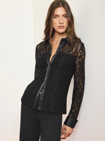Mint Velvet Satin Lace Detail Shirt, Black - view 2, Black