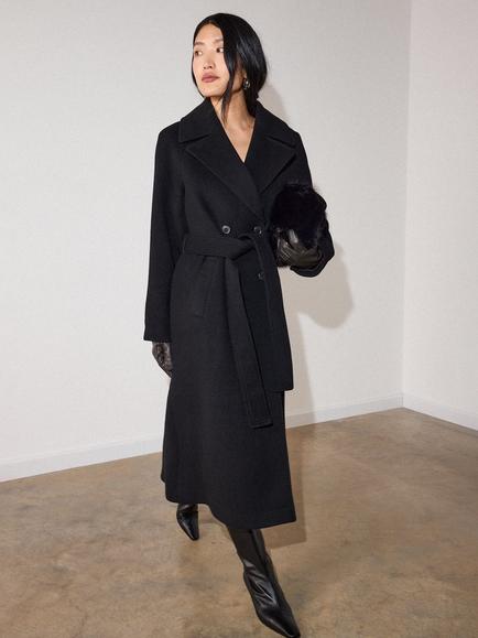 Whistles Belted Wool Rich Trench Coat, Black, Black