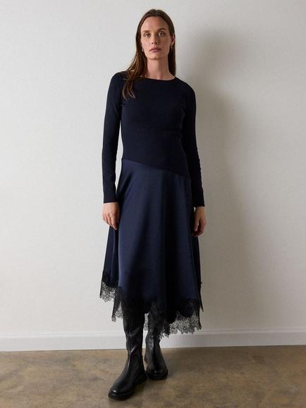 Whistles Petite Lace Trim Flared Mini Dress, Navy, Navy