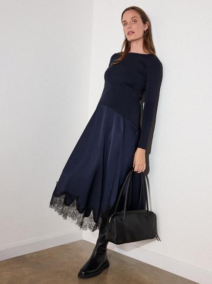 Whistles Petite Lace Trim Flared Mini Dress, Navy - view 2, Navy